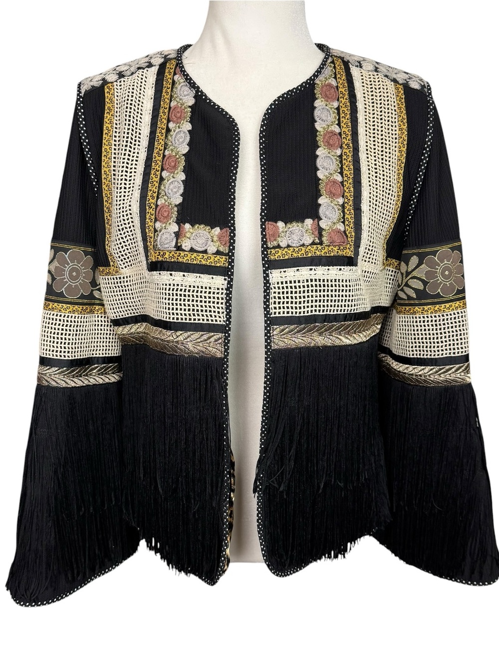 Just B Jacket Embroidered Fringe Boho Western Cowgirl Open Front Size Medium